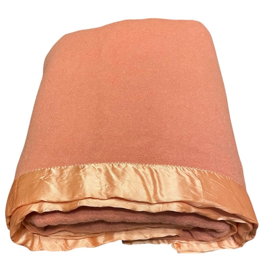 Vtg St Mary's Wool Blanket Satin Trim 1950's 74" X 76" Dusty Pink Twin Bed Size